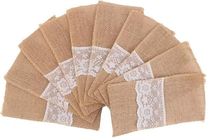 100PCS Natural Burlap Tableware Utensil Holders Burlap Lace Silverware Holder Linen Knife and Forks Cutlery Pouch Bag for Vintage Rustic Wedding Party
