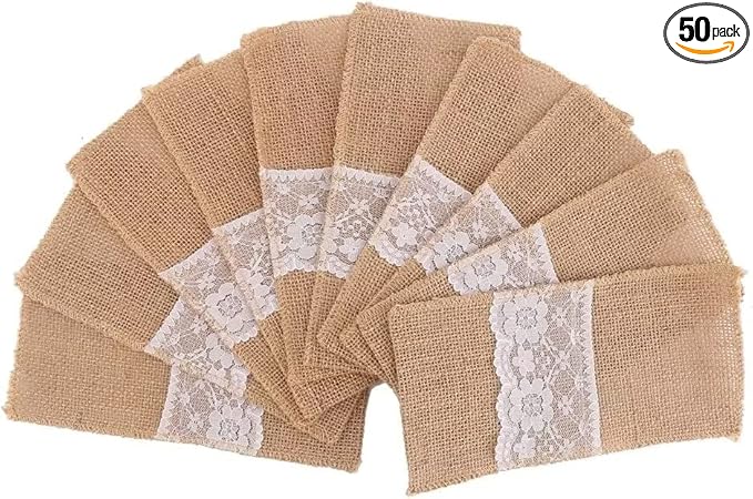 4 X8 Inch Hessian Burlap Lace Jute Cutlery Pocket Knifes Forks Bag Burlap Silverware Holders for Wedding St. Valentine's Day 50PCS