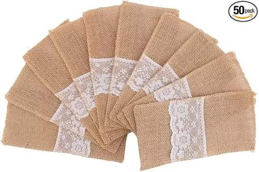 4 X8 Inch Hessian Burlap Lace Jute Cutlery Pocket Knifes Forks Bag Burlap Silverware Holders for Wedding St. Valentine's Day 50PCS