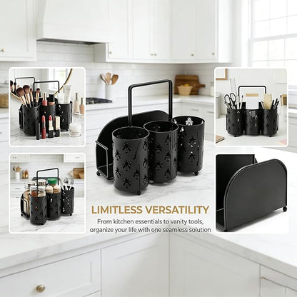 NelyBet Bee Utensil Caddy Silverware Holder Fork Spoon Napkin Paper Plate Organizer Metal Utensil Holder Cutlery Flatware Organizers for Party Kitchen Countertop Camping Picnic - Black