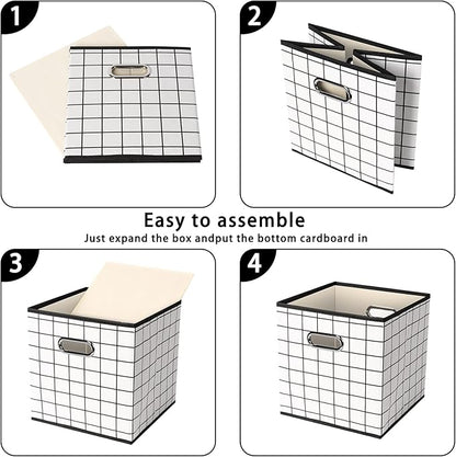 Fabric Cloth Storage Bins,Fabric Cube Organizer with Dual Handles Foldable Cube Storage Baskets for Home Bedroom Storage,Set of 6,(White grid)