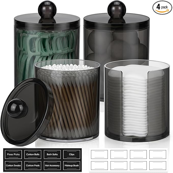 4 Pcs, Acrylic Qtip Holder Dispenser for Cotton Swab, Ball, Round Pads, Floss Picks - Clear Plastic Apothecary Jar Set, Bathroom Canister Decor Storage Accessories, Vanity Makeup Organizer, Black