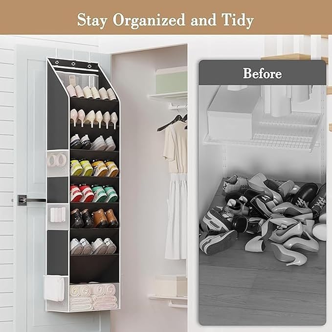 8 Tier Over the Door Shoe Storage Organizer with 8 Large Pockets, Hanging Shoe Organizer With 6 Side Pocket,Fits 16–24 Pairs of Sneakers, Sandals, Boots,Door Storage for Narrow Closet and Dorm (Grey)