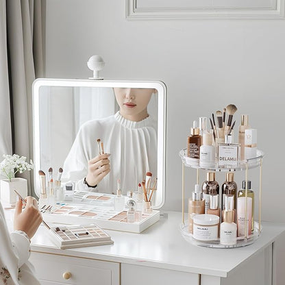 Delamu Rotating Makeup Organizer for Vanity, 2 Tier Bathroom Counter Organizer with Stackable Design, Spinning Skincare Organizer for Bathroom Countertop, Perfume Cosmetic Storage, Clear