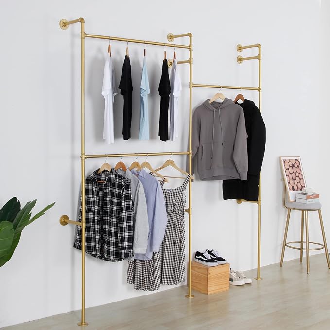 Modern Simple Industrial Pipe Double Hanging Rods Clothing Rack, Clothes Rack Wall Mounted Heavy Duty Hanging Clothes Rack, Detachable Garment Bar 93.7X84inch (Gold)