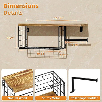 VITVITI Toilet Paper Holder with Shelf, Wall Mounted Toilet Paper Storage Basket, Wood Metal Toilet Roll and Wipes Holder for Bathroom Farmhouse (Brown)