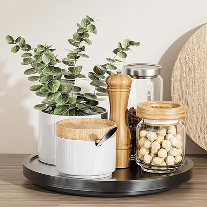 LAMU 12' Wood Lazy Susan Organizer Turntable for Cabinet, Lazy Susan for Table Top, Pantry, Kitchen, Bathroom, Countertop, Rotating Spice Organizer, Vanity Decor Tray, Pine Wood, Black