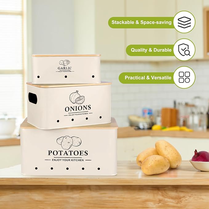 Kitchen Vegetable Storage Set of 3, Metal Onion Garlic Potato Storage Set, Kitchen Canisters Vegetable Keeper Containers with Aerating Holes and Wooden Lid (Beige)
