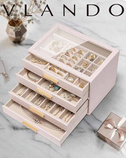 VLANDO 4 Layer Jewelry Box for Women, Glass Lid Jewelry Organizer with 4 Drawers for Necklaces Rings Earrings Bracelets - Light Pink