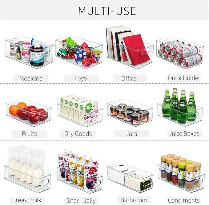 Hudgan 8 PACK Stackable Pantry Organizer Bins (3 Size) - Clear Fridge Organizer for Kitchen, Freezer, Refrigerator, Cabinet - Plastic Storage Container with Handle for Home