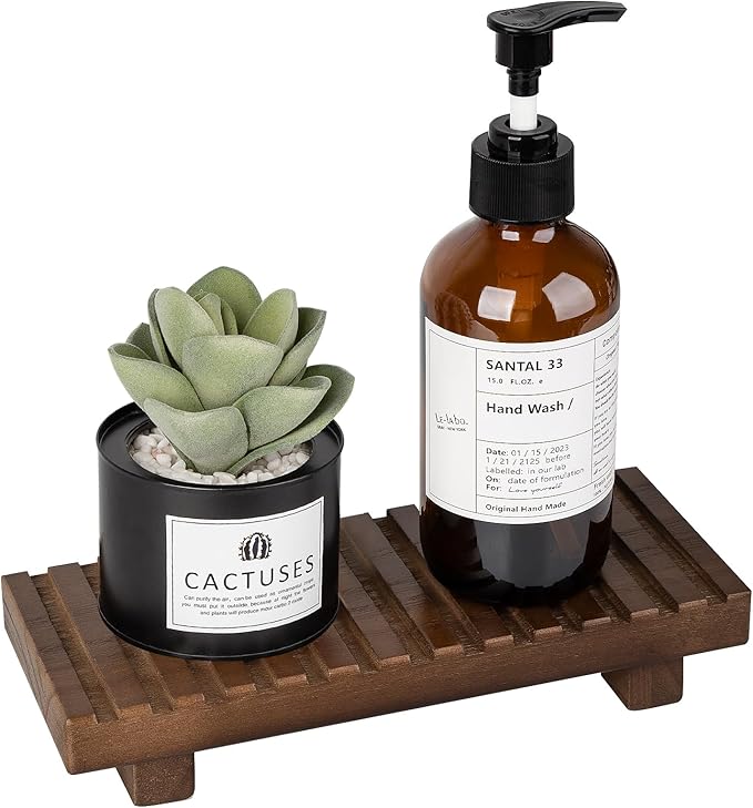Bathroom Tray Rustic Farmhouse Bathroom Decor Wood Display Stand Riser Kitchen Soap Dish Holder for Vanity, Countertop, Sink, 8.6 * 3.6 Walnut