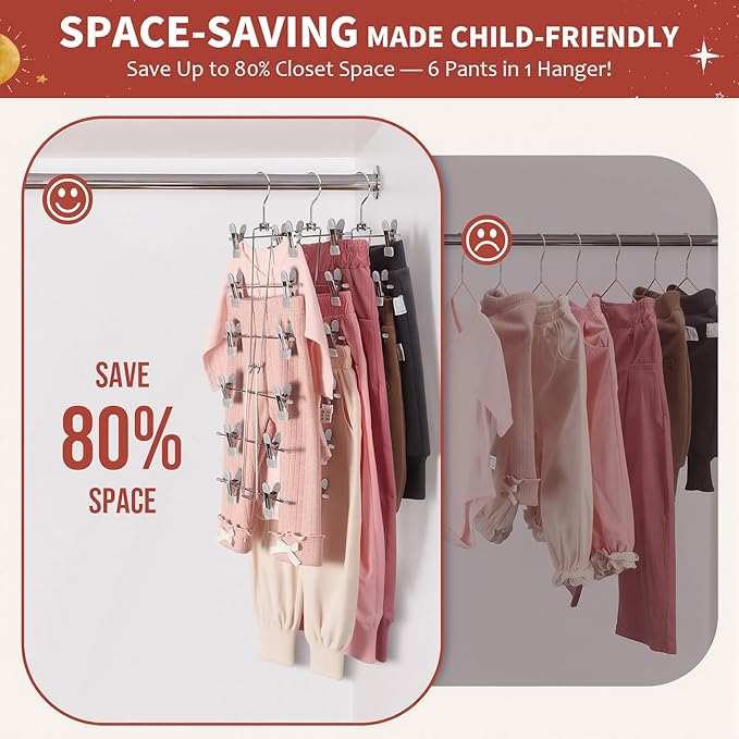 DOIOWN 6-Tier Baby Hangers with Clips - Space Saving Kids Pants Hangers for Babies & Kids Pant,Clothe,Adjustable Toddler Clothes Hanger for Newborn Children Closet Organization Gray 2Pack