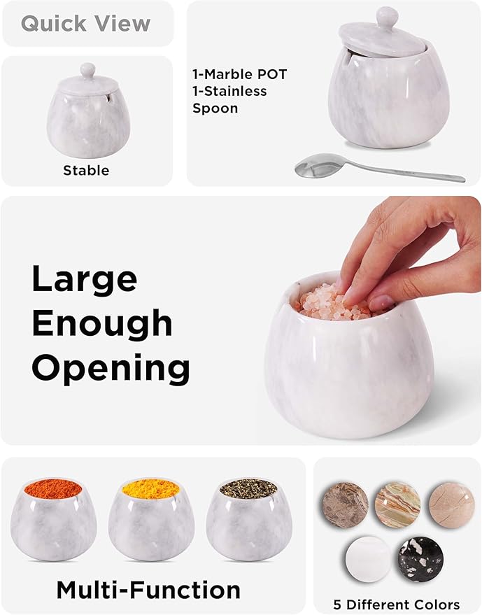 Marble Salt Cellar with Lid – 4.5 Inch White Table Salt Container, Salt Jar, Salt Dish, Salt Holder, Spice Jar, Sugar Bowl, Celtic Salt, Kitchen Countertop Decor