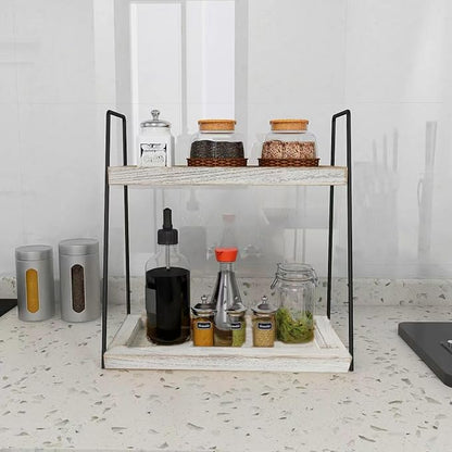 Dorhors 2 Tier Bathroom Counter Organizer Storage,Vanity Organizer for Bathroom Counter,Wood Standing Rack for Kitchen(Rustic White)