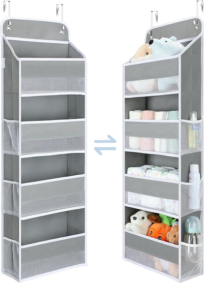 Yecaye 1 Pc Over the Door Organizer with 5 Bins 10 Side Pockets, 44lbs Load Hanging Bathroom and Bedroom Organizer, behind the Door Hanging Organizers for Nursery Newborn Baby Essential Stuff Grey
