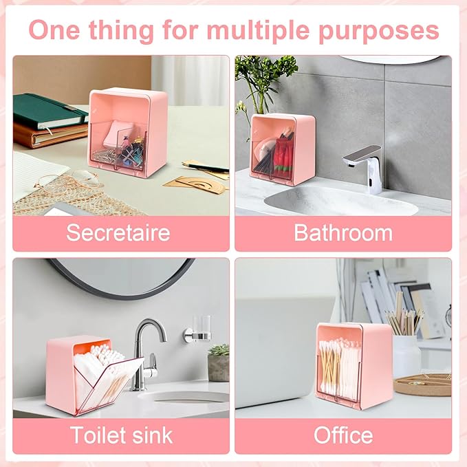 Q tip Holder with 2 Compartments, Plastic Cotton Swab Holder Clear Qtip Organizer in Home Bathroom for Cotton Ball, Swab, Round Pads, Plastic Floss Pick Holder, Pink