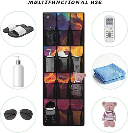 Flaming Soccer Ball Over The Door Organizer, 12 Mesh Pockets Sports Theme Hanging Shoe Rack for Soccer Gear, Perfect for Garage & Kids Bedroom Storage