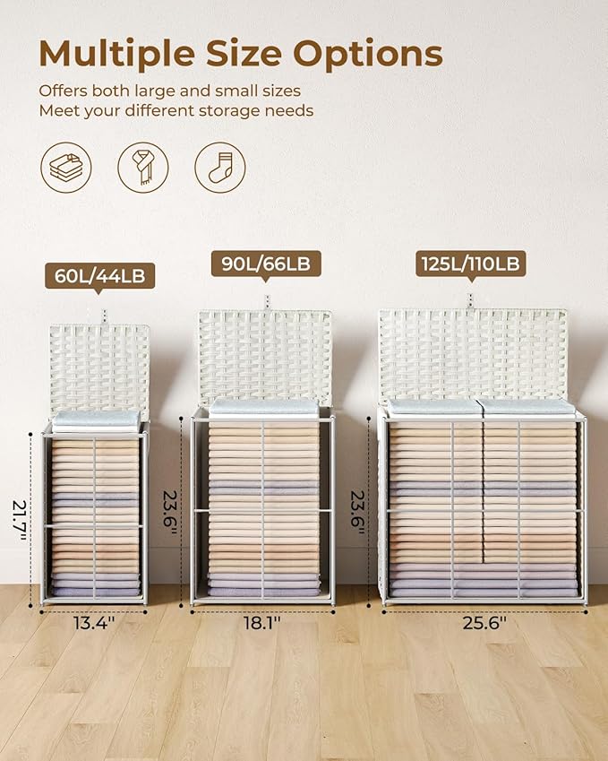 Greenstell Laundry Hamper with Lid, 90L Clothes Hamper with 2 Removable Liner Bags & 2 Mesh Laundry Bags, Handwoven Synthetic Rattan Laundry Basket for Clothes, Toys in Bathroom, Bedroom White