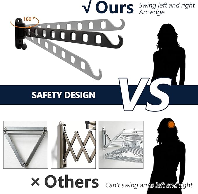 2 Pack Swing Arm Clothes Hanger Rack Wall Mount, Laundry Room Drying Rack with Swing Arm, 8 Holes and 180°Rotation, Swing Away Hanger Rack, Sturdy Hanging, Solid Aluminum (Black)