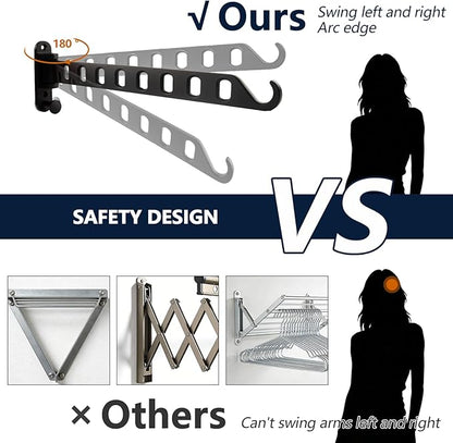 2 Pack Swing Arm Clothes Hanger Rack Wall Mount, Laundry Room Drying Rack with Swing Arm, 8 Holes and 180°Rotation, Swing Away Hanger Rack, Sturdy Hanging, Solid Aluminum (Black)