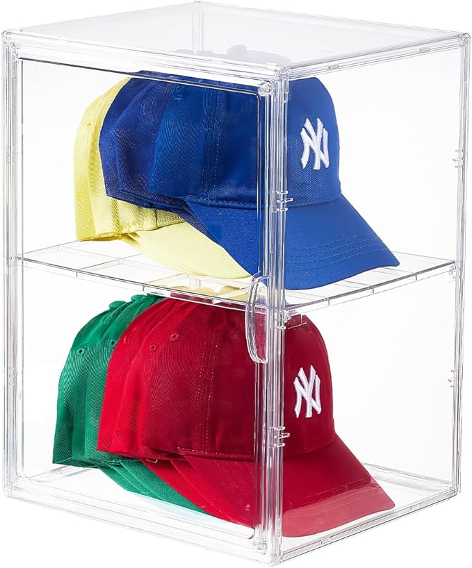Hat Organizer Box,Hat Display Case,Stackable Clear Baseball Caps Storage Box Containers with Double-Sided Magnetic Door,Holds 15 Hats (XXL-1Pack-with Divider)