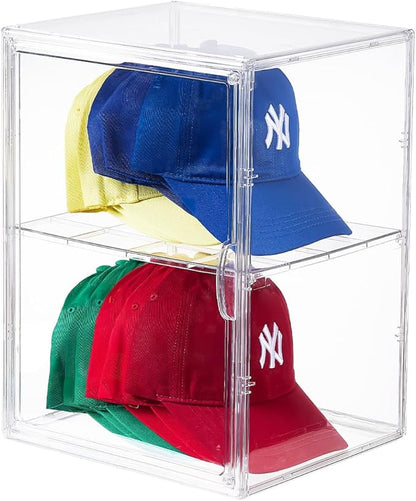 Hat Organizer Box,Hat Display Case,Stackable Clear Baseball Caps Storage Box Containers with Double-Sided Magnetic Door,Holds 15 Hats (XXL-1Pack-with Divider)