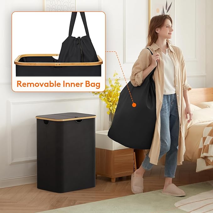 Lifewit 150L Laundry Basket with Lid, Clothes Hampers with Bamboo Handles and 2 Removable Bags, Large Foldable Laundry Hamper for Bedroom, Bathroom, Dorm, Black