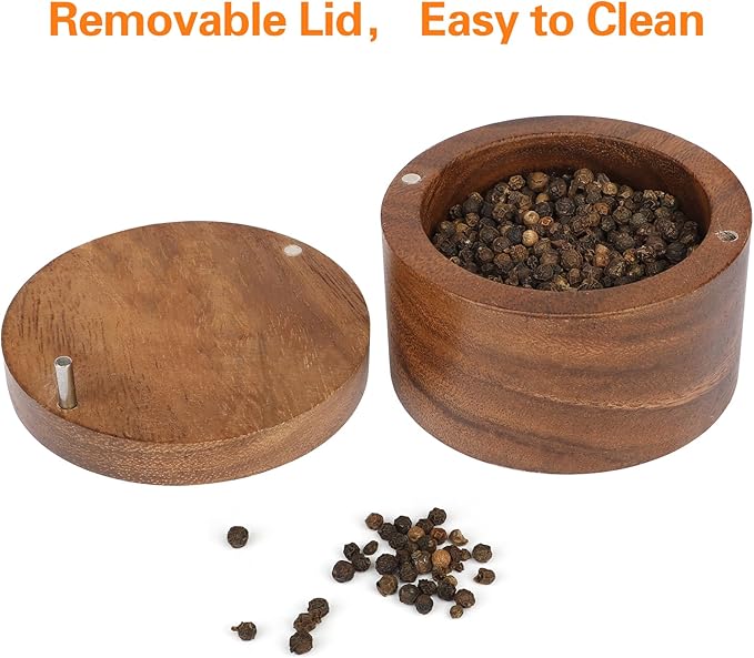 Acacia Wood Salt Cellar Bowl Box, Elegant Salt Container with Swivel Magnetic Lid for Keeping Table Salt, Bath Salt, Sea Salt, Peppers, Herbs or seasonings, One piece Wood No Glue