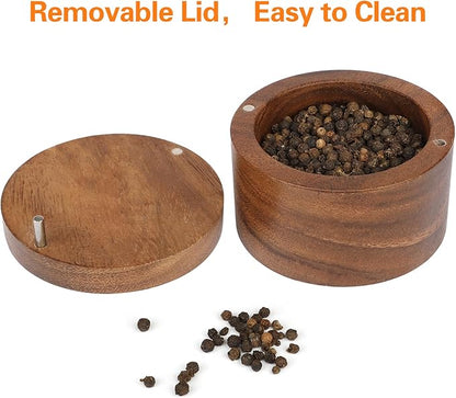 Acacia Wood Salt Cellar Bowl Box, Elegant Salt Container with Swivel Magnetic Lid for Keeping Table Salt, Bath Salt, Sea Salt, Peppers, Herbs or seasonings, One piece Wood No Glue