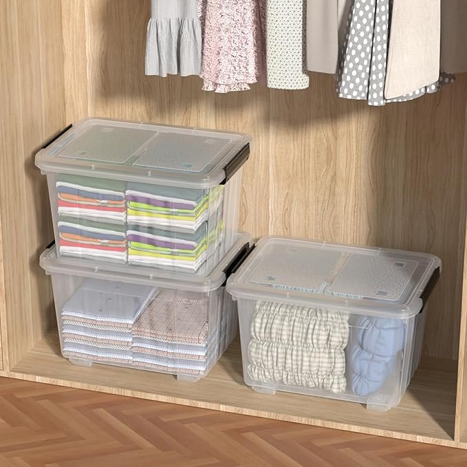 30 Quart Clear Plastic Storage Containers Bins with Wheels, Stackable Plastic Latching Totes with Lids, 4 Packs