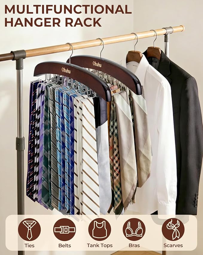 Tie Rack Hanger for Closet: Ohuhu 24 Folding Hooks Tie Hangers for Men Wooden Tie Holder Organizer Space Saving Necktie Storage 360 Degree Rotating Ties Belts Scarves Tank Tops Accessories-Walnut
