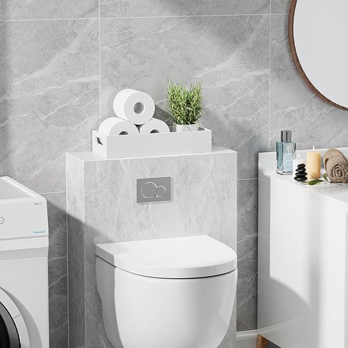 VITVITI Bamboo Toilet Paper Holder Storage, Bamboo Tray for Bathroom with Handle, Toilet Paper Tray Basket Tissue Holder Organizer Container for Back Toilet Tank, White