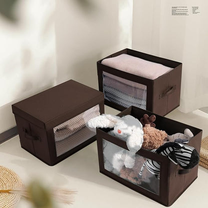 Homsorout Foldable Storage Boxes with Clear Window - Clothes Organizers and Decorative Bins with Lid, Fabric Storage Cube, Baskets for Shelves, Yarn, Home, Brown, 3 Pack