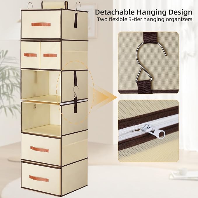 Hanging Closet Organizer 6-Shelf, Upgrade Closet Organizers and Storage with 5 Removable Drawers & 4 Side Pockets, Hanging Shelf Organizer for Bedroom or Garment Rack, 12.6'' x 12.6'' x 44.1'', Beige