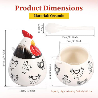 Ceramic Salt Cellar with Lid and Spoon,17oz Large Chicken Rooster Cookie Jar Salt Containers Holder for Countertop Spices,Cute Farmhouse Kitchen Decor,Spice Jar for Coffee,Sugar,Spices,Candies (#A)