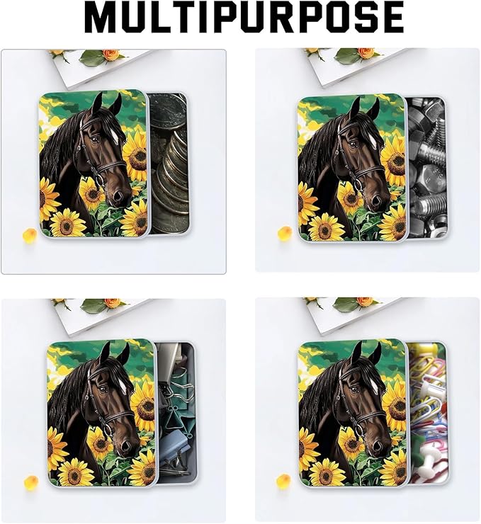 Metal Tin Box with Lid for Game Cards Home Organizer Candles Keys Crafts Storage - Equipped with 4 Magnetic Cord Clips，Horses and Sunflowers