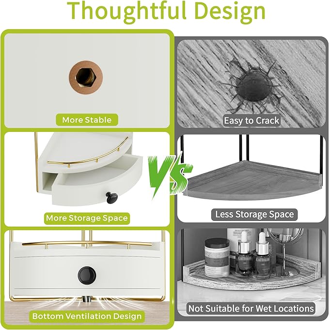 2-Tier Corner Bathroom Counter Organizer with Drawer & Embedded Screw Holes - Wooden Countertop Organizers for Skincare, Makeup Storage, Bathroom Sink Counter Shelf for Vanity, Kitchen, White Gold