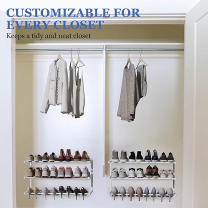 Wall Mounted Shoe Rack, 3 Tier Hanging Shoe Rack Holds 12 Pairs, 17"-30" Adjustable Heavy Duty Metal Shoe Organizer Holder with 2 Storage Hooks, Space Saving for Closet Entryway Doorway（White