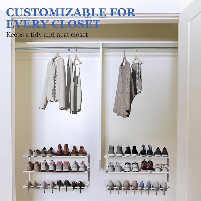 2 Pack Wall Mounted Shoe Rack, 3 Tier Hanging Shoe Rack Holds 24 Pairs, 17"-30"Adjustable Heavy Duty Metal Shoe Organizer Holder with 4 Storage Hooks, Space Saving for Closet Entryway Doorway（White)