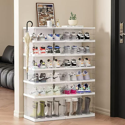 Foldable Shoe Storage Cabinet with Clear Magnetic Doors, 6-Tier No-Assembly Shoe Rack Organizer, Stackable Large Capacity Shoe Box for Entryway, Closet, Fits Boots & Sneakers, (Transparent)