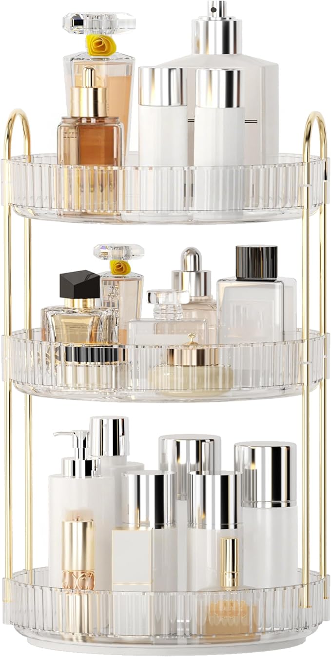 YCIA&DONE 360 Rotating Makeup Organizer and Storage for Vanity Countertop 3 Tiers, High Capacity Cosmetic Skincare Perfume Organizers for Dresser Bathroom Lazy Susan (Clear White)