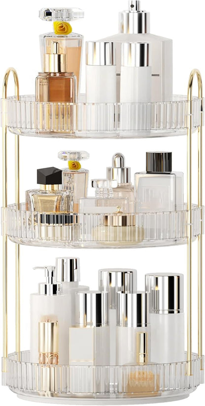 YCIA&DONE 360 Rotating Makeup Organizer and Storage for Vanity Countertop 3 Tiers, High Capacity Cosmetic Skincare Perfume Organizers for Dresser Bathroom Lazy Susan (Clear White)