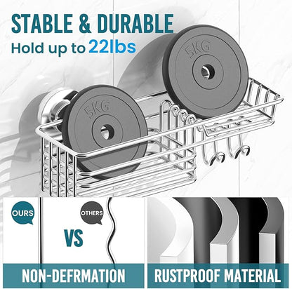 TAILI Shower Caddy Suction Cup 2 Pack with Hooks and Soap Holder, Heavy Duty Shower Organizer for Bathroom, No Drilling Silver Bathroom Suction Shelves-Silver