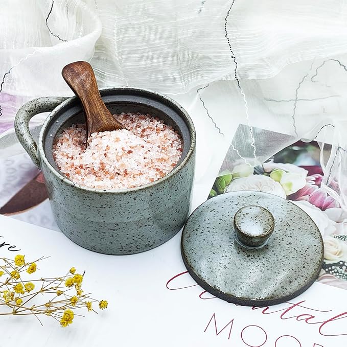 8 oz Ceramic Salt Cellar with Lid & Wooden Spoon,Countertop Salt Container,Sugar Bowl,Spices Jar| Artisan Kitchen Decor(Gray)