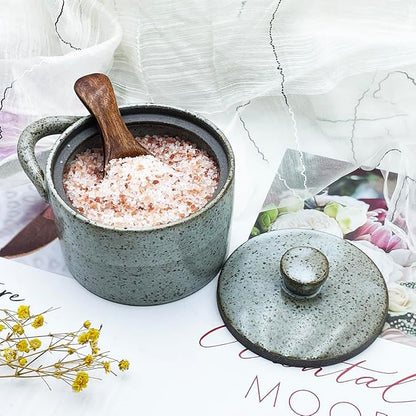 8 oz Ceramic Salt Cellar with Lid & Wooden Spoon,Countertop Salt Container,Sugar Bowl,Spices Jar| Artisan Kitchen Decor(Gray)