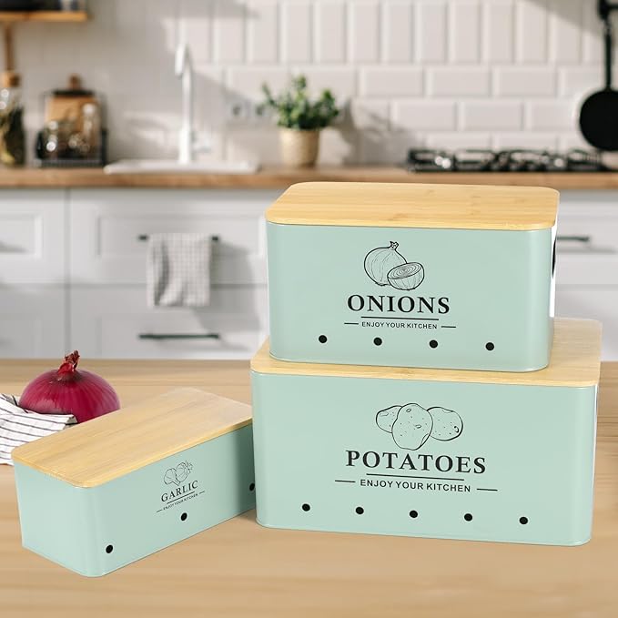 Kitchen Vegetable Storage Set of 3, Metal Onion Garlic Potato Storage Set, Kitchen Canisters Vegetable Keeper Containers with Aerating Holes and Wooden Lid (Sage Green)