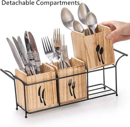Tebery Wooden Utensil Holder for Party, Large Countertop Flatware Cutlery Caddy with Handle, 3 Detachable Compartment Silverware Cooking Organizer with Metal Tray for Fork, Spoon, Knives