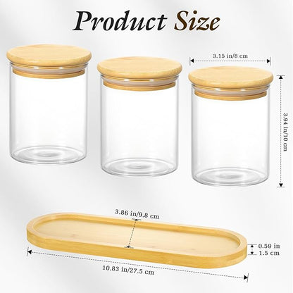 Luxspire Glass Qtip Holder with Vanity Tray, 3 Pack Cotton Swab Holder with Bamboo Lid, 13.4 oz Glass Apothecary Jars Bathroom Accessories Canisters for Cotton Swabs, Balls, Pads, Floss Picks