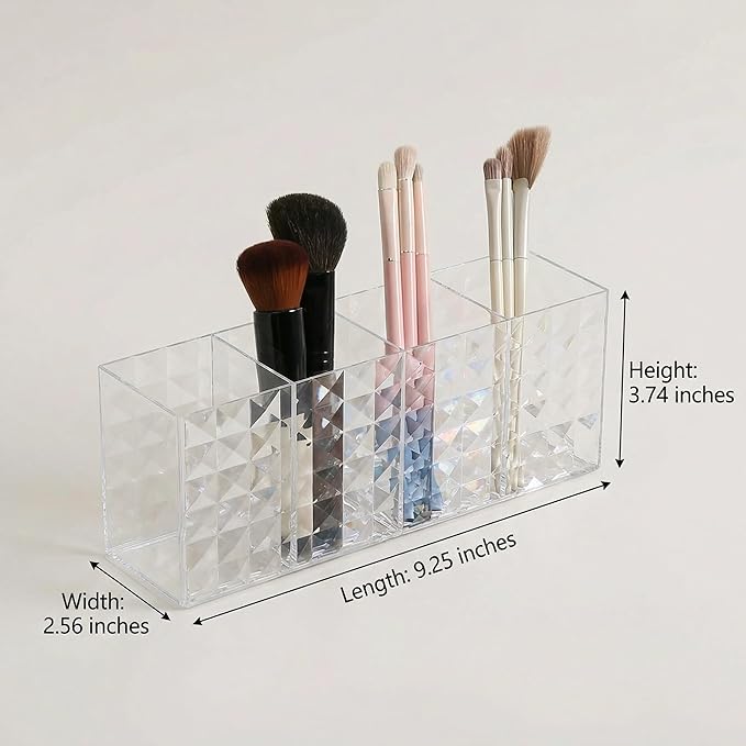 Acrylic Makeup Brush Organizer, 4 Compartment Cosmetic Brush Storage Holder, Desktop Vanity Makeup & Pen Holders