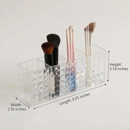 Acrylic Makeup Brush Organizer, 4 Compartment Cosmetic Brush Storage Holder, Desktop Vanity Makeup & Pen Holders